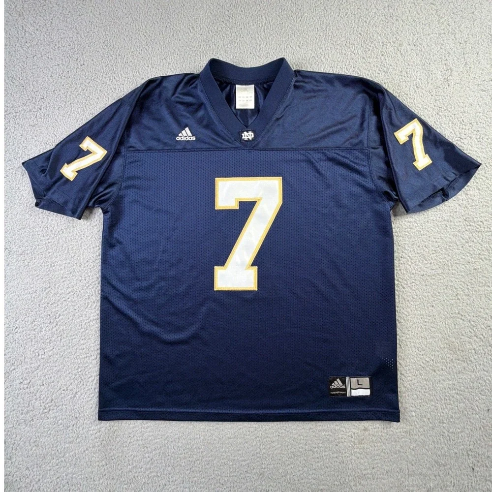 VTG Adidas Notre Dame Fighting Irish Football Jersey Mens L Blue #7 Mesh V-Neck